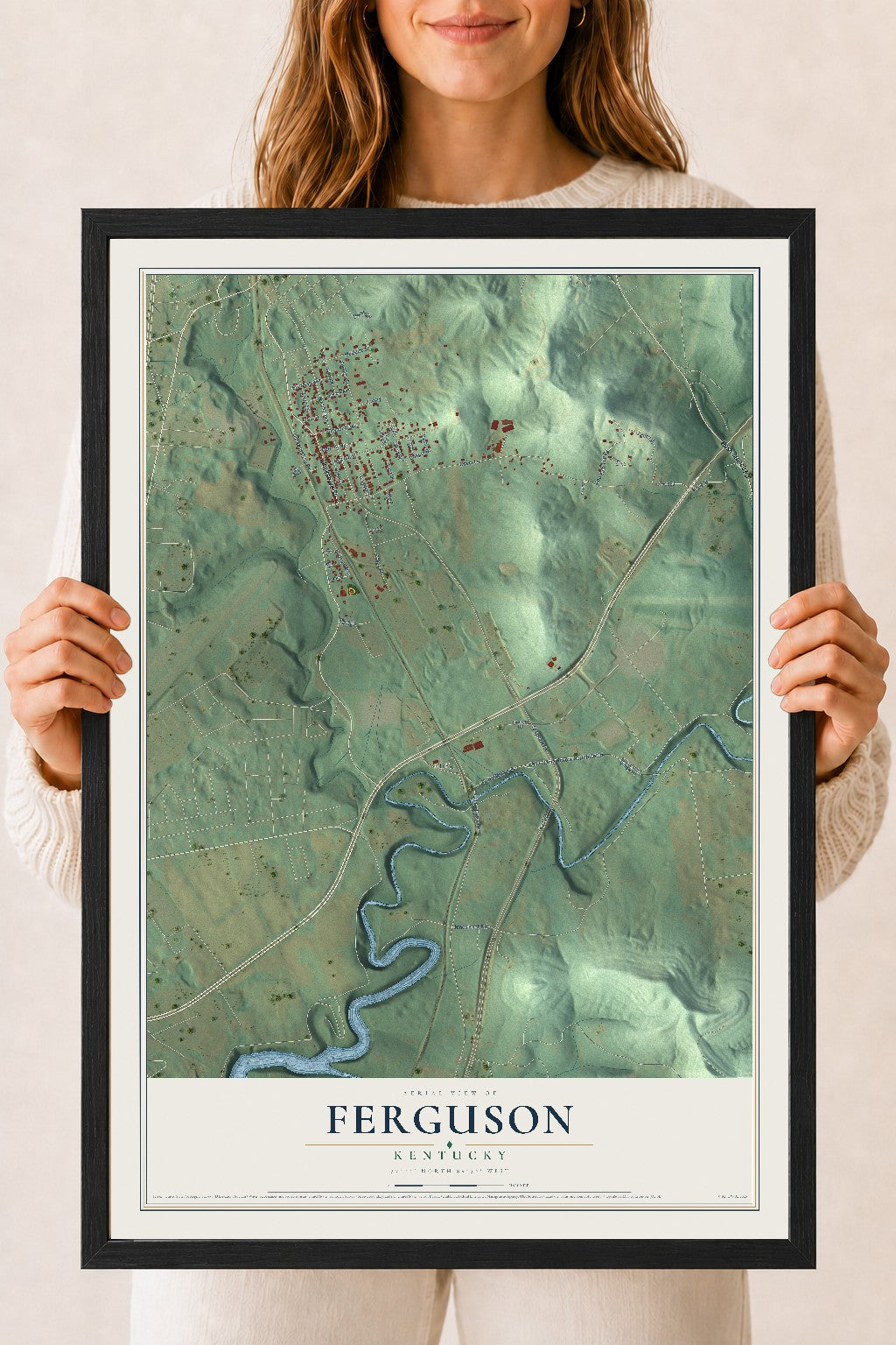 Map of Ferguson, Kentucky, 18 x 24 inch print in a black wood frame