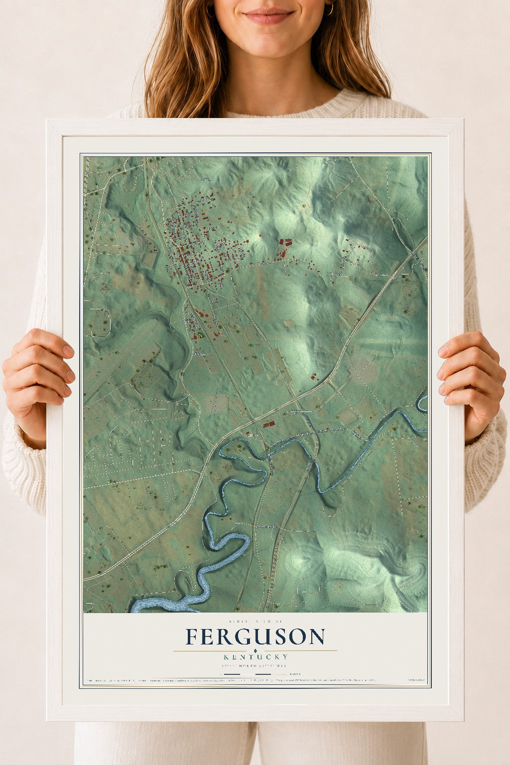 Map of Ferguson, Kentucky, 18 x 24 inch print in a white wood frame