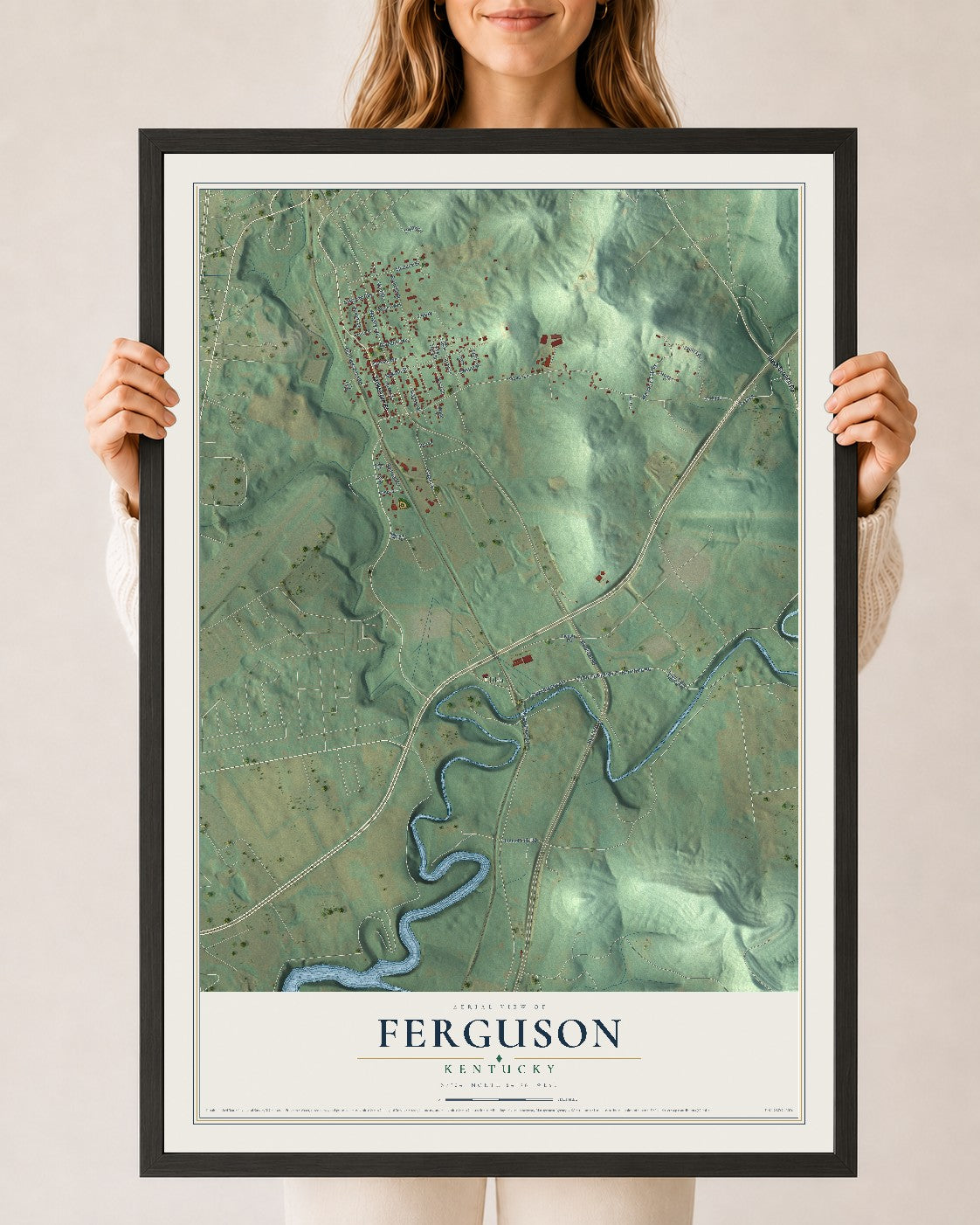 Map of Ferguson, Kentucky, 24 x 36 inch print in a black wood frame