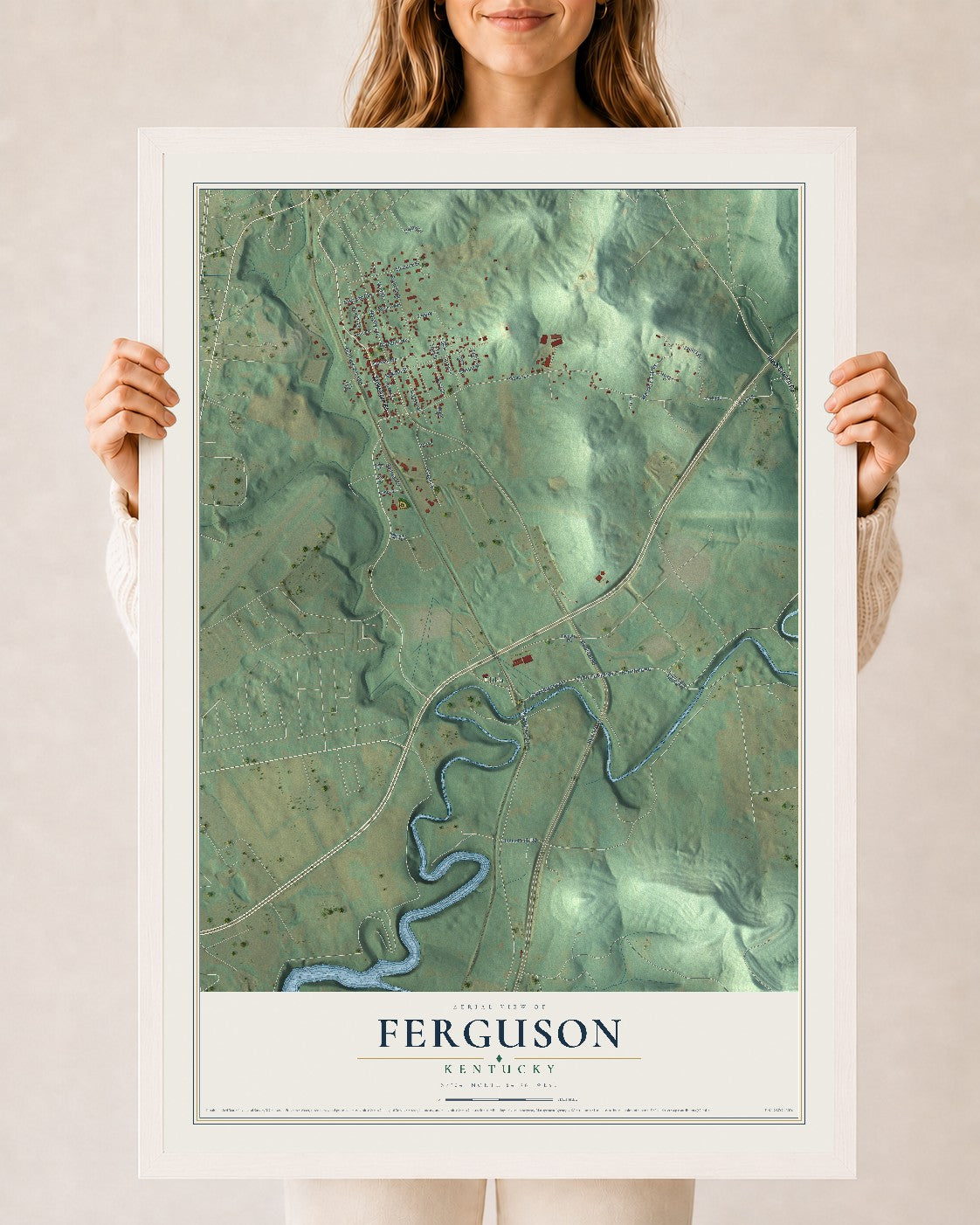 Map of Ferguson, Kentucky, 24 x 36 inch print in a white wood frame
