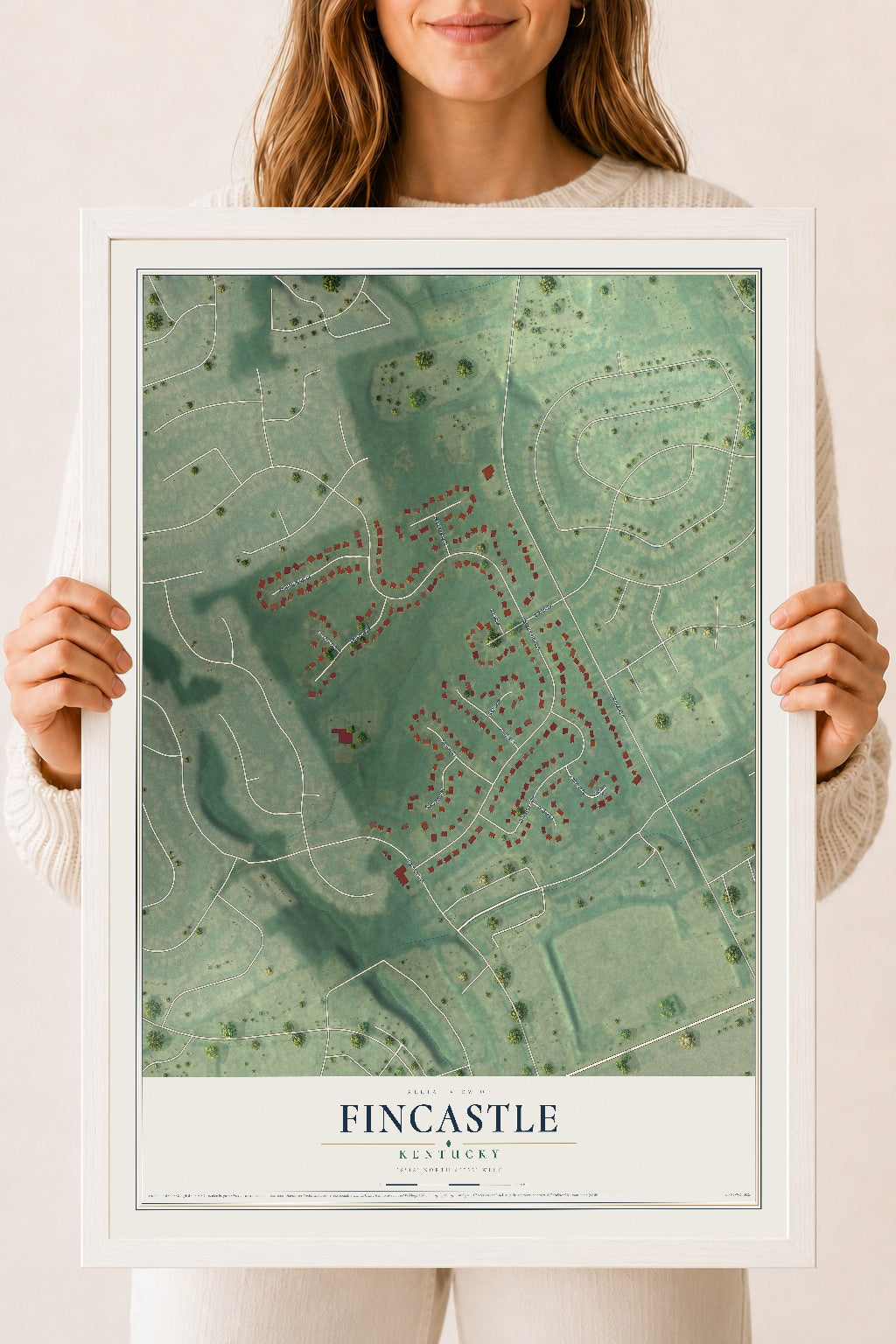 Map of Fincastle, Kentucky, 18 x 24 inch print in a white wood frame