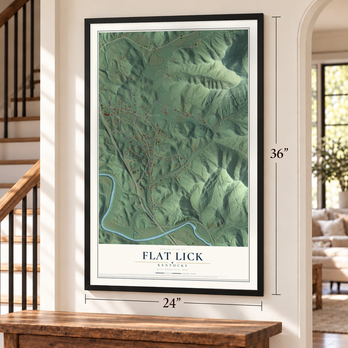 Flat Lick, Kentucky map, 24 x 36 inch print in a black frame by a staircase