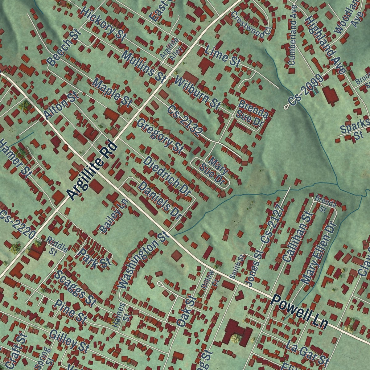 Close-up of the map of Flatwoods, Kentucky print showing street and building detail