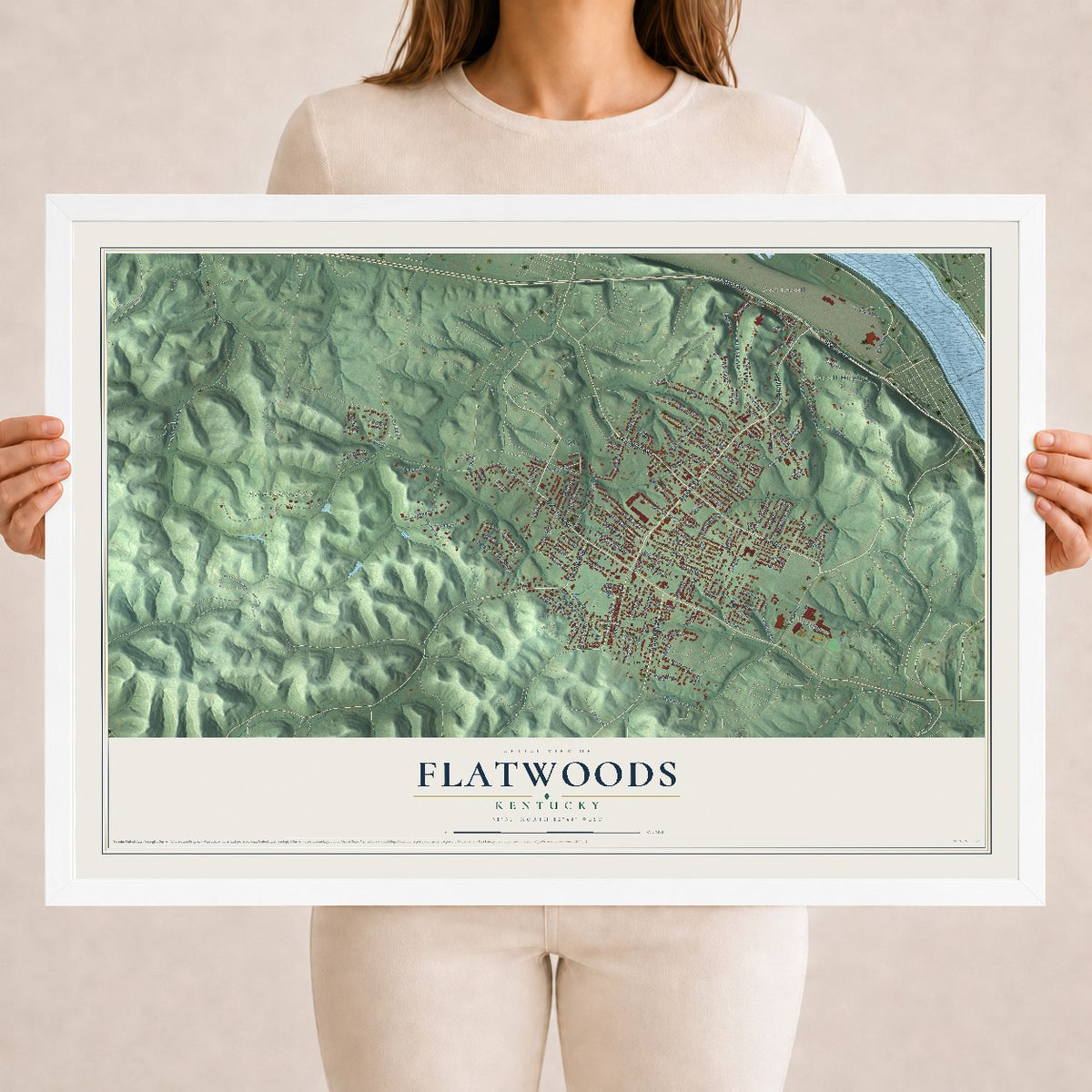 Map of Flatwoods, Kentucky, 18 x 24 inch print in a white wood frame