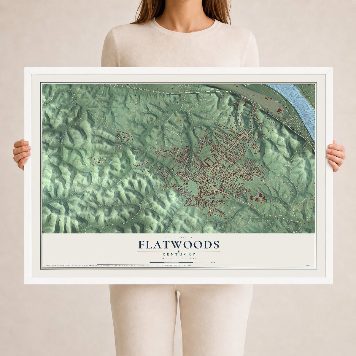 Map of Flatwoods, Kentucky, 24 x 36 inch print in a white wood frame
