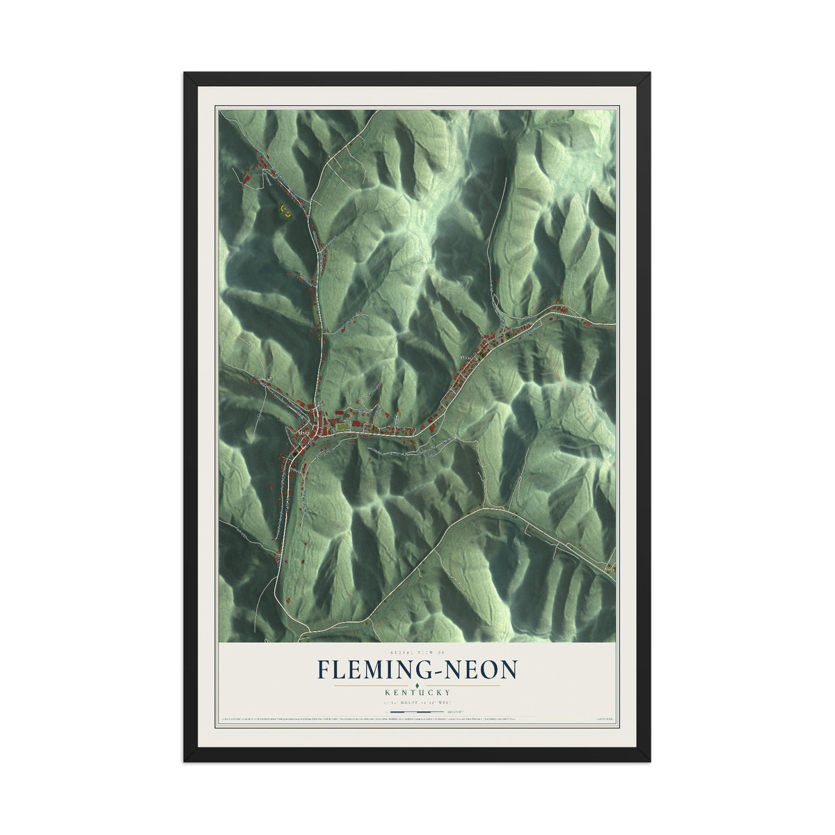 Map of Fleming-Neon, Kentucky, 12 x 18 inch print in a black wood frame