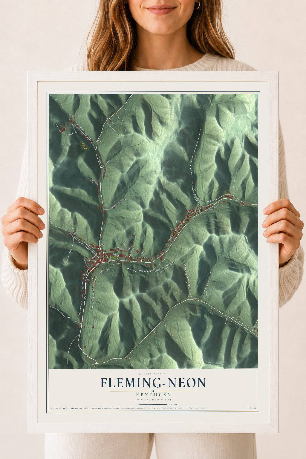 Map of Fleming-Neon, Kentucky, 18 x 24 inch print in a white wood frame