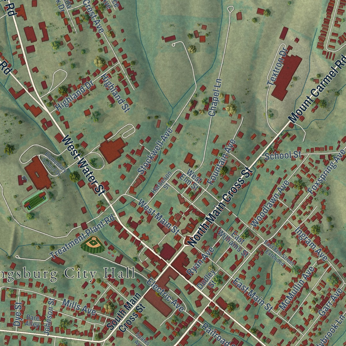 Close-up of the map of Flemingsburg, Kentucky print showing street and building detail