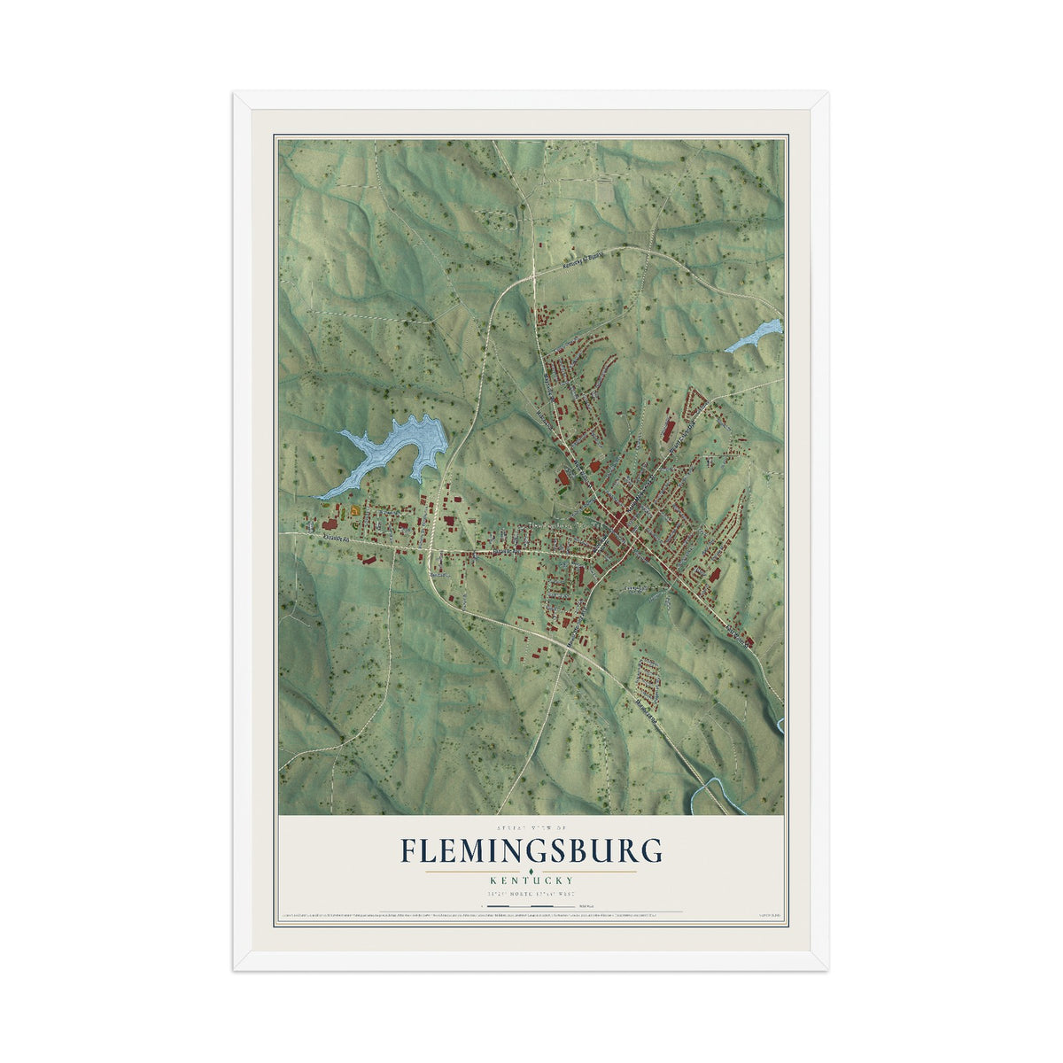 Map of Flemingsburg, Kentucky, 12 x 18 inch print in a white wood frame