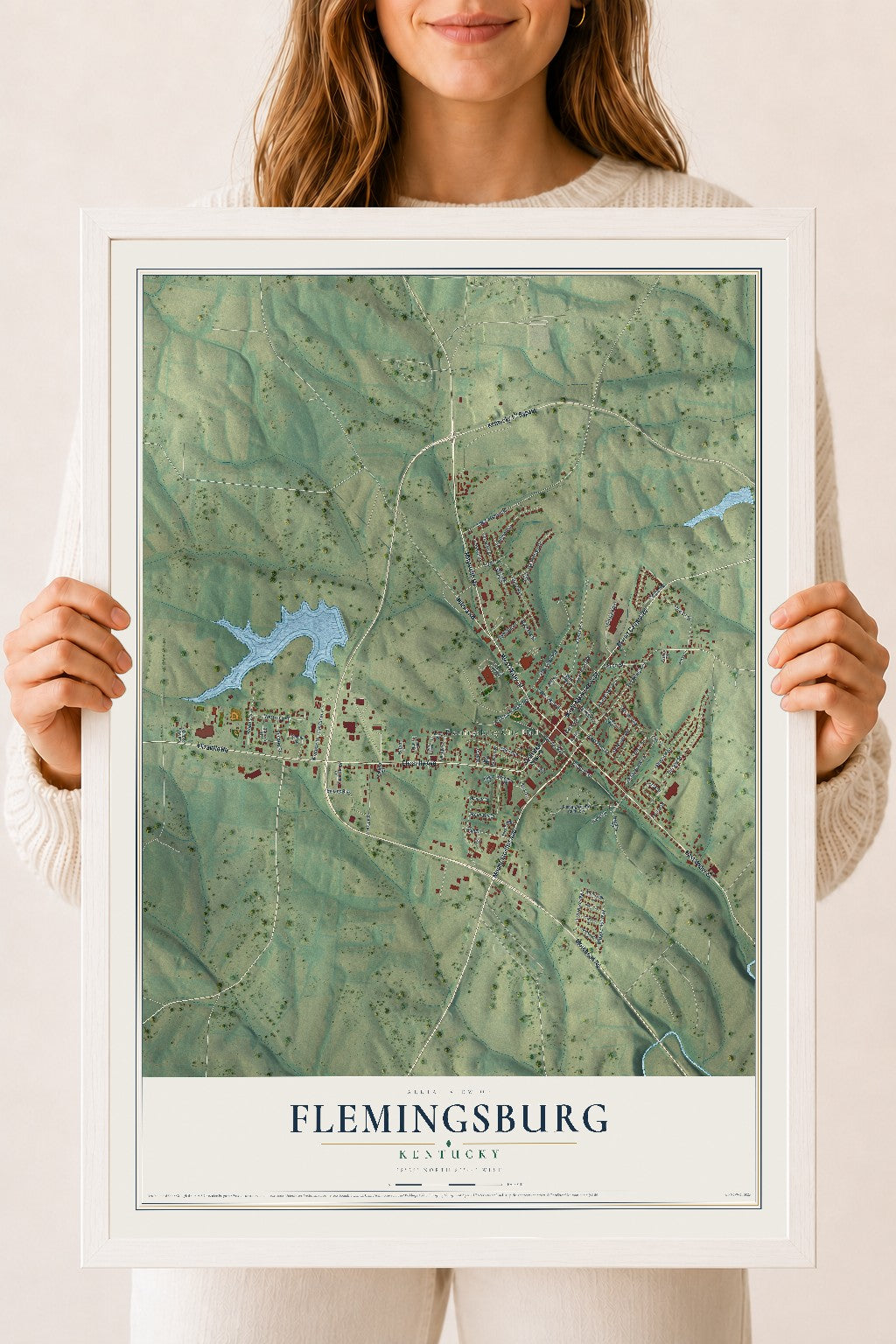 Map of Flemingsburg, Kentucky, 18 x 24 inch print in a white wood frame