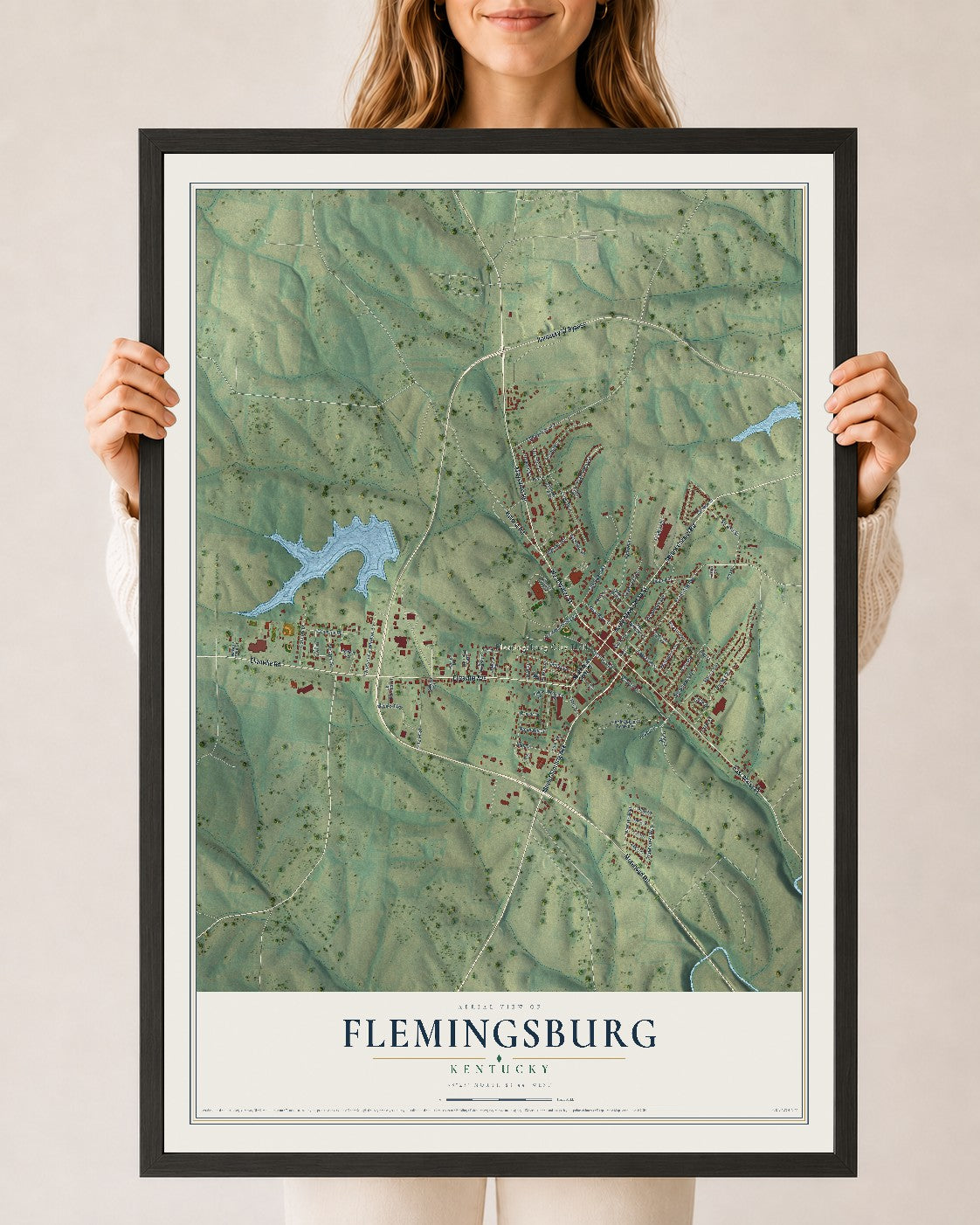 Map of Flemingsburg, Kentucky, 24 x 36 inch print in a black wood frame