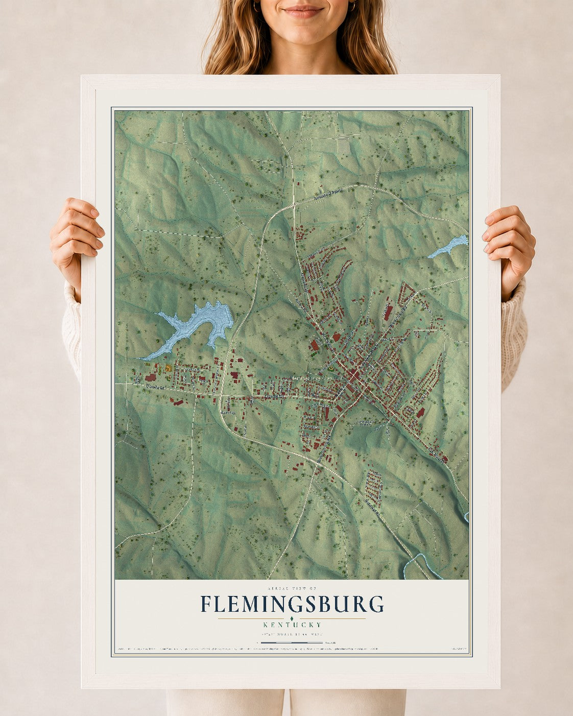 Map of Flemingsburg, Kentucky, 24 x 36 inch print in a white wood frame