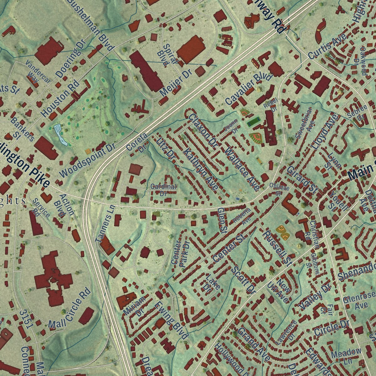 Close-up of the map of Florence, Kentucky print showing street and building detail