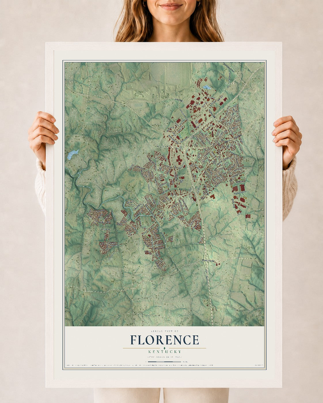 Map of Florence, Kentucky, 24 x 36 inch print in a white wood frame