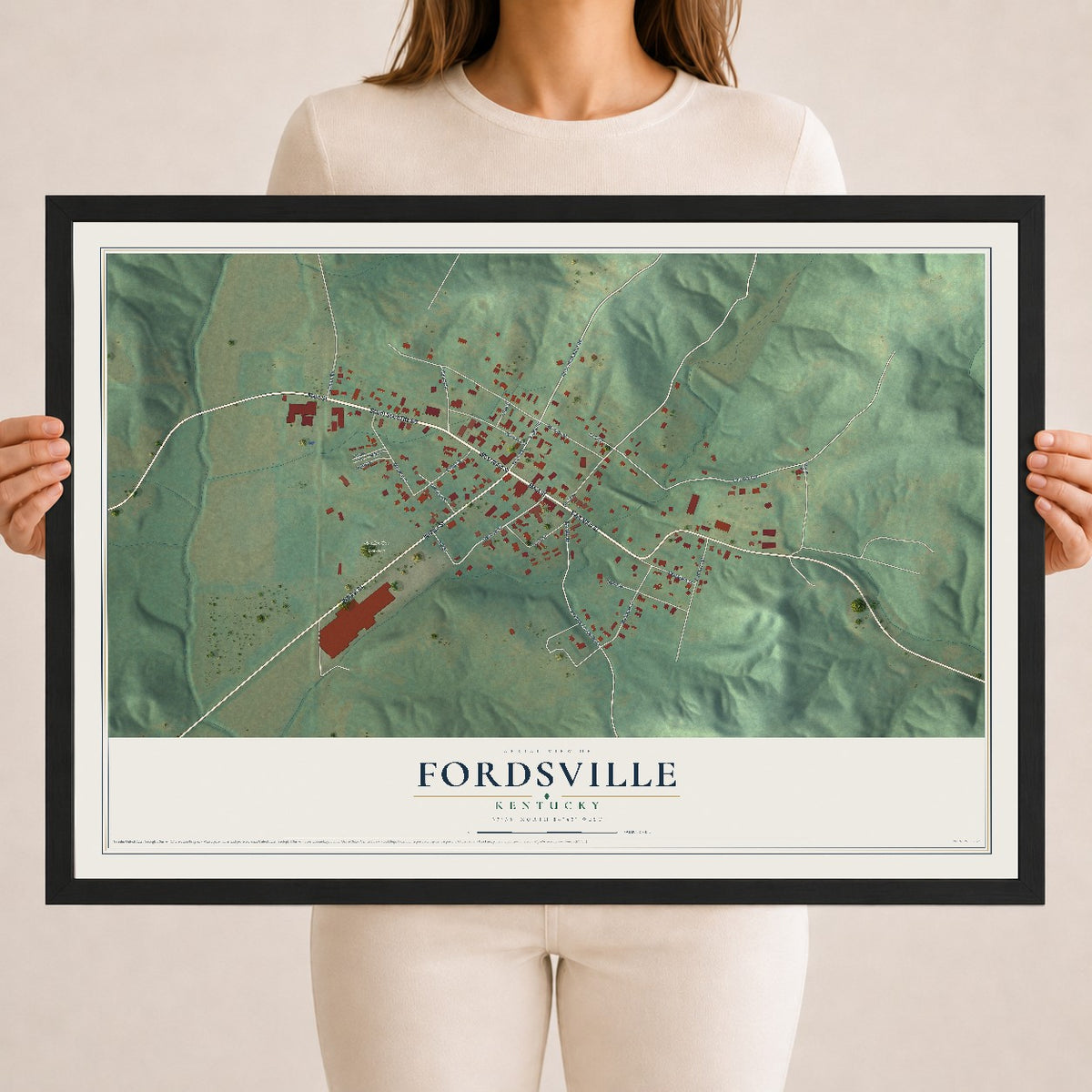 Map of Fordsville, Kentucky, 18 x 24 inch print in a black wood frame