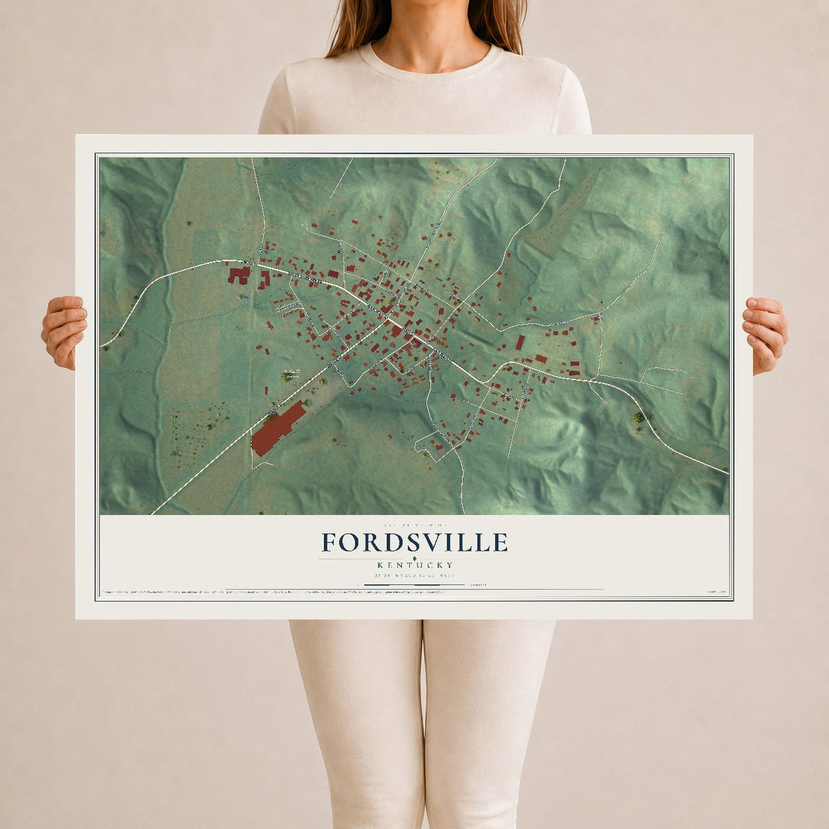 Map of Fordsville, Kentucky, 24 x 36 inch unframed archival matte print