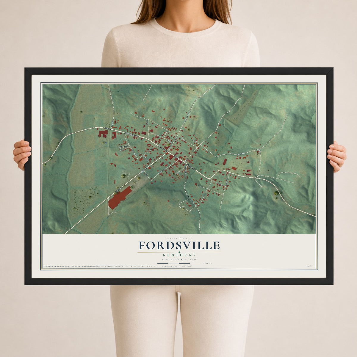 Map of Fordsville, Kentucky, 24 x 36 inch print in a black wood frame