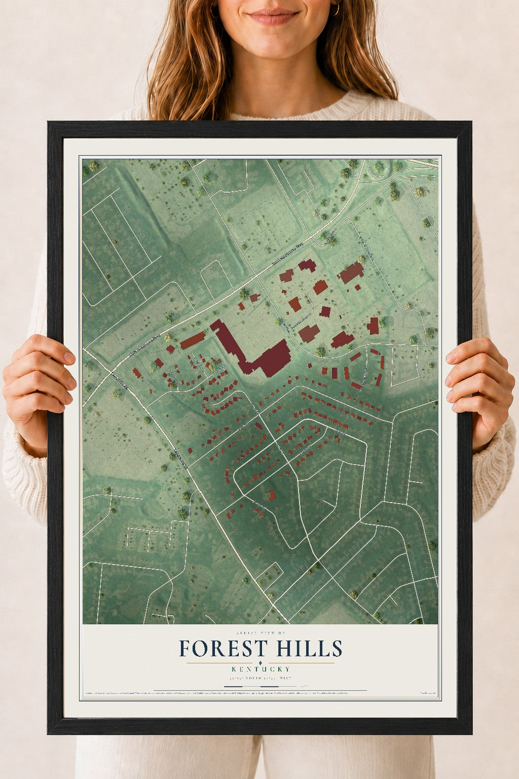 Map of Forest Hills, Kentucky, 18 x 24 inch print in a black wood frame