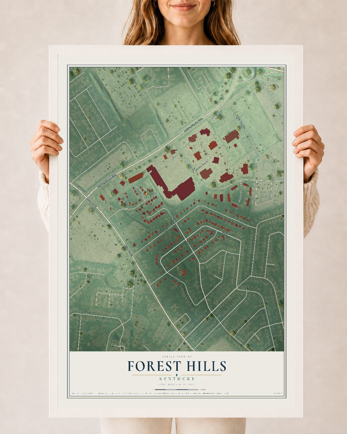 Map of Forest Hills, Kentucky, 24 x 36 inch print in a white wood frame