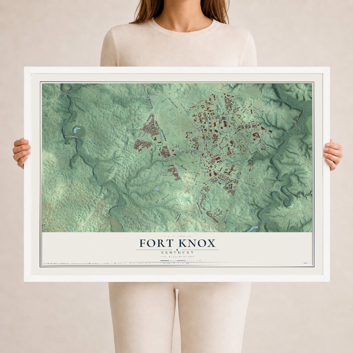 Map of Fort Knox, Kentucky, 24 x 36 inch print in a white wood frame