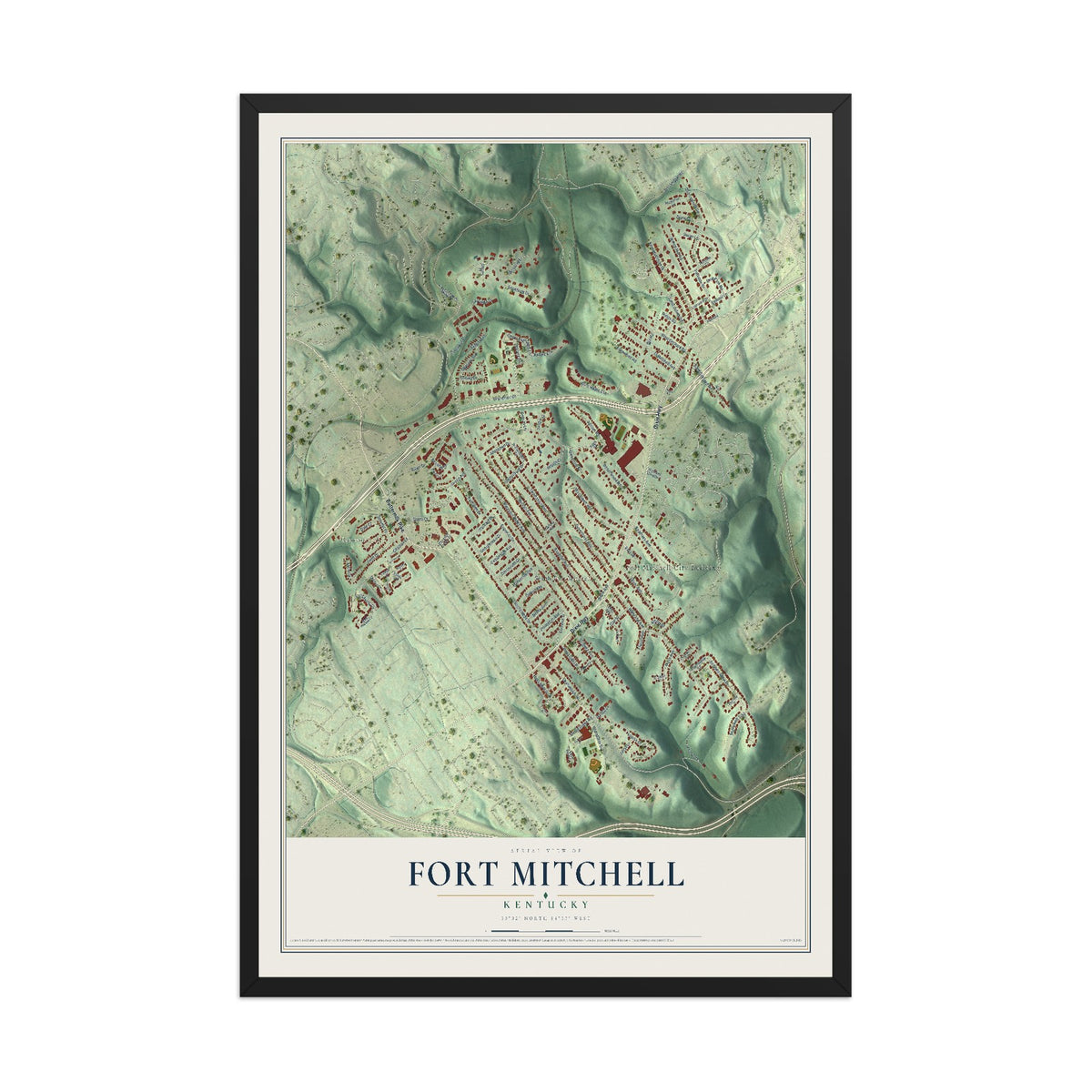 Map of Fort Mitchell, Kentucky, 12 x 18 inch print in a black wood frame