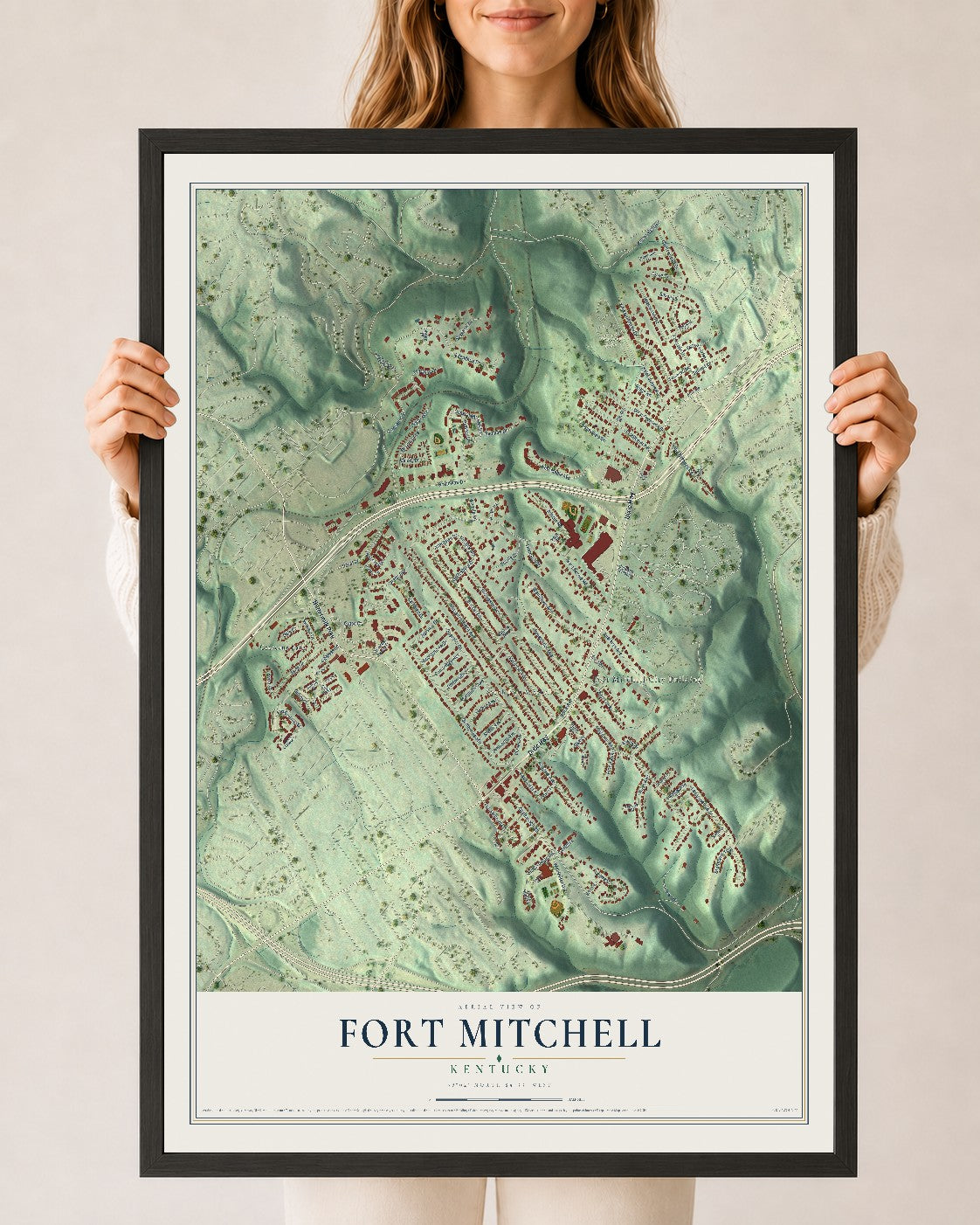 Map of Fort Mitchell, Kentucky, 24 x 36 inch print in a black wood frame