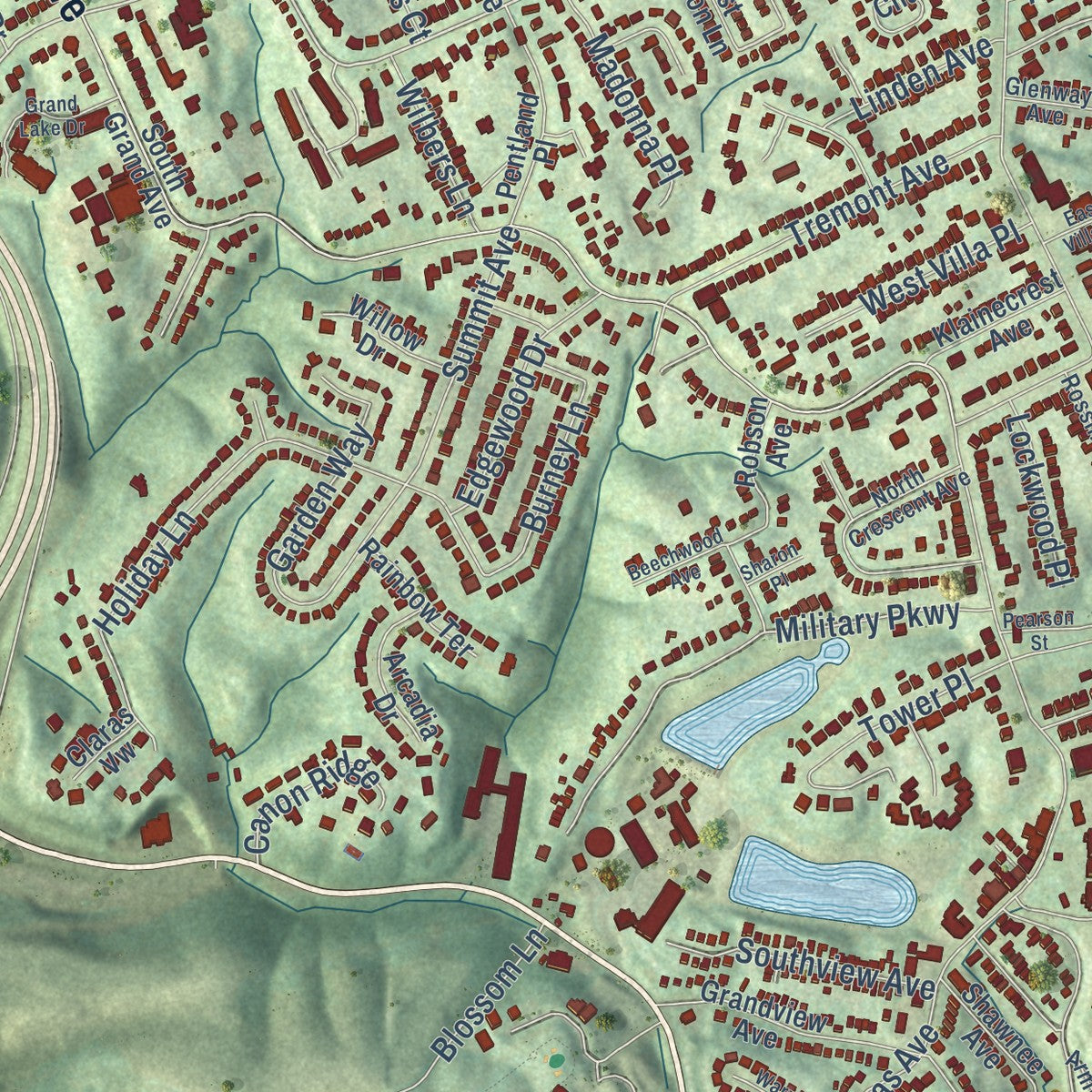 Close-up of the map of Fort Thomas, Kentucky print showing street and building detail