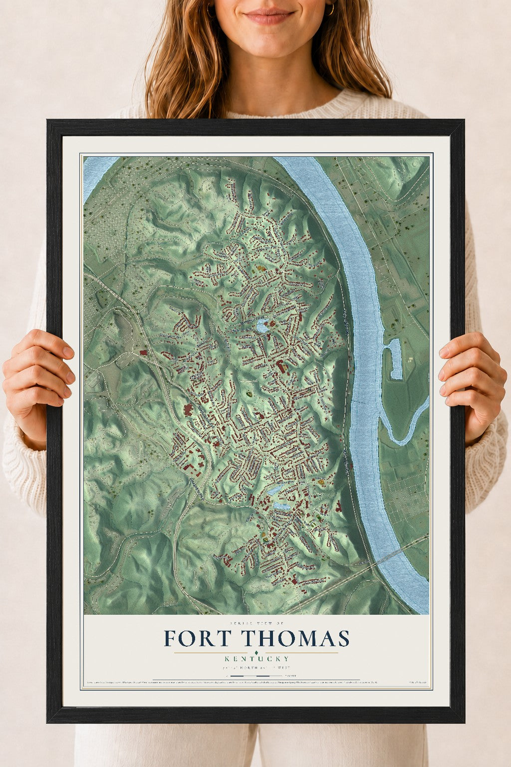 Map of Fort Thomas, Kentucky, 18 x 24 inch print in a black wood frame