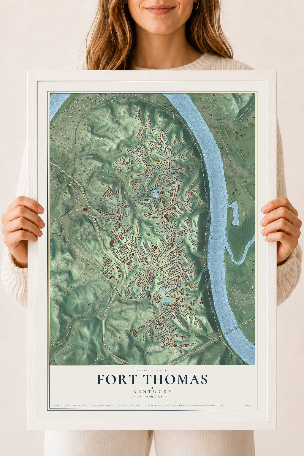 Map of Fort Thomas, Kentucky, 18 x 24 inch print in a white wood frame