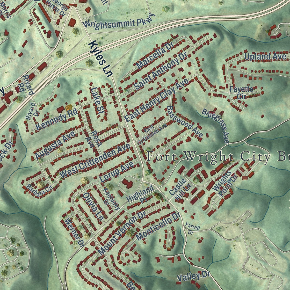 Close-up of the map of Fort Wright, Kentucky print showing street and building detail