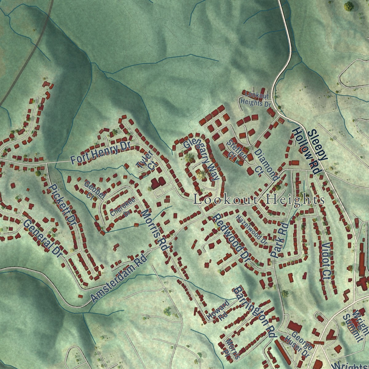 Second close-up of the map of Fort Wright, Kentucky print showing more streets and buildings