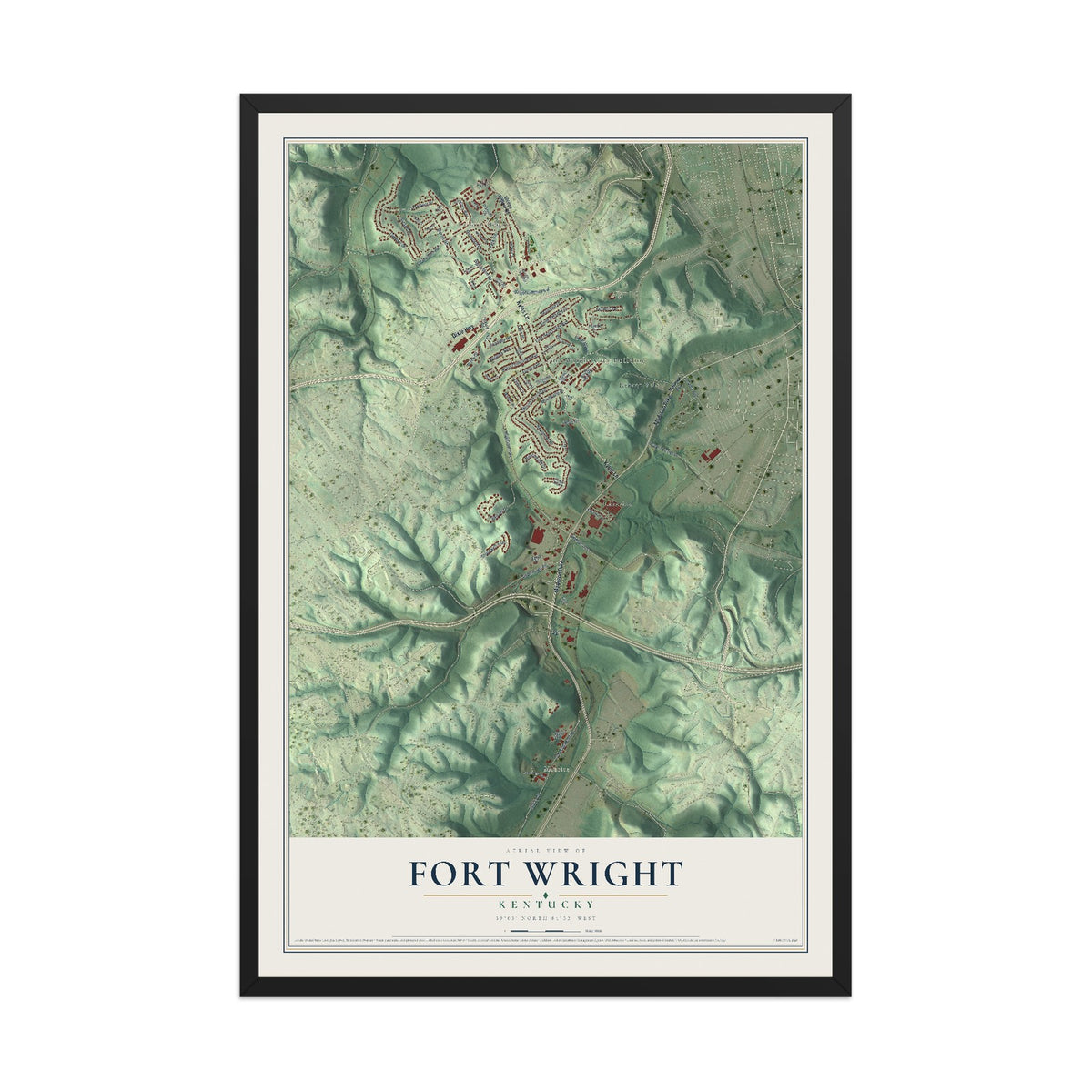 Map of Fort Wright, Kentucky, 12 x 18 inch print in a black wood frame