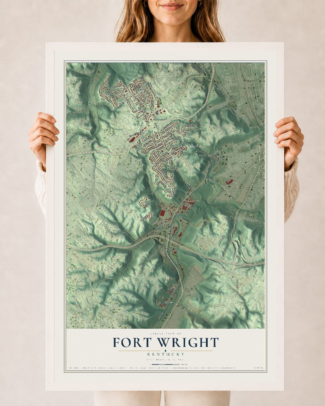 Map of Fort Wright, Kentucky, 24 x 36 inch print in a white wood frame
