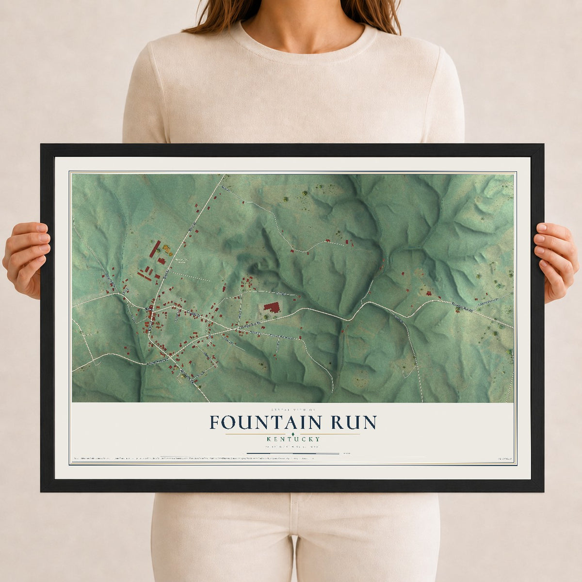 Map of Fountain Run, Kentucky, 12 x 18 inch print in a black wood frame