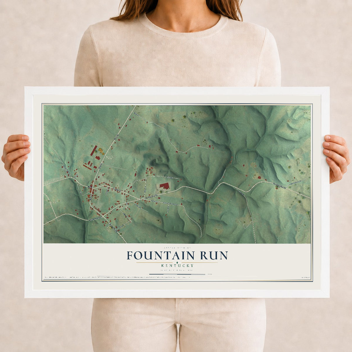 Map of Fountain Run, Kentucky, 12 x 18 inch print in a white wood frame