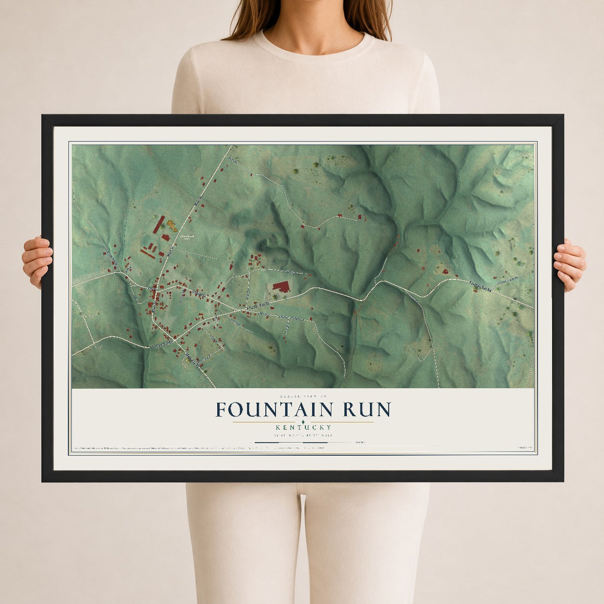 Map of Fountain Run, Kentucky, 24 x 36 inch print in a black wood frame