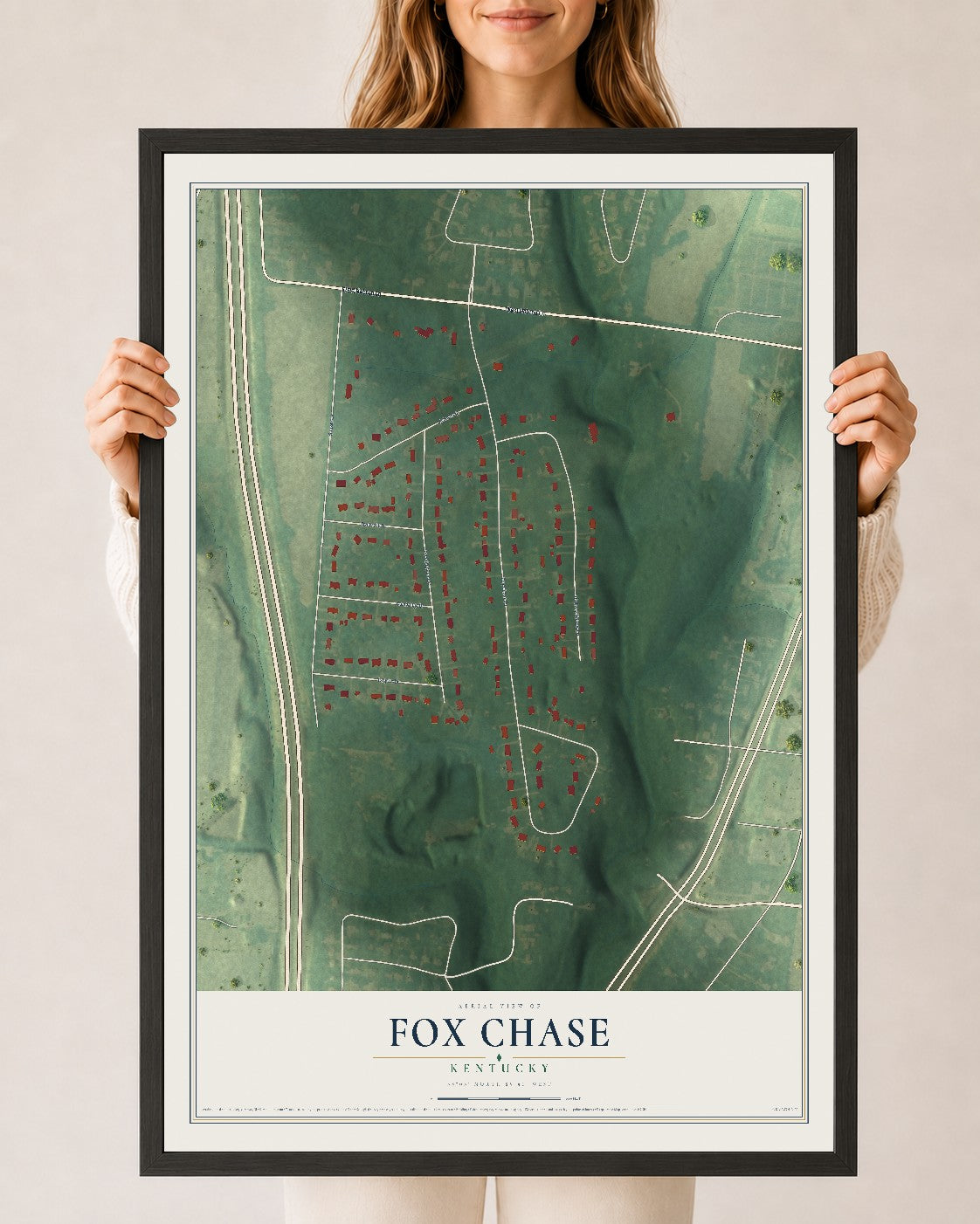 Map of Fox Chase, Kentucky, 24 x 36 inch print in a black wood frame