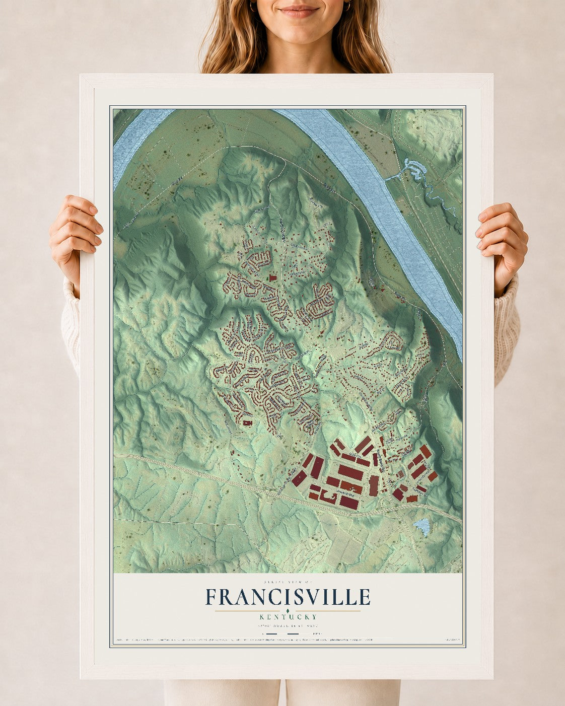 Map of Francisville, Kentucky, 24 x 36 inch print in a white wood frame