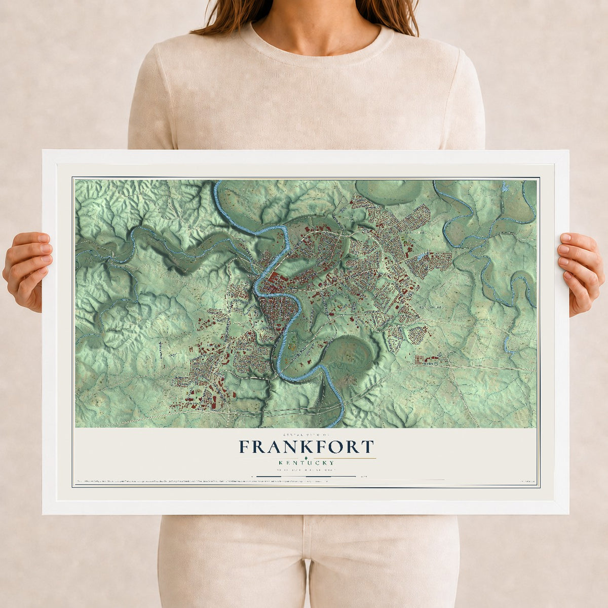 Map of Frankfort, Kentucky, 12 x 18 inch print in a white wood frame