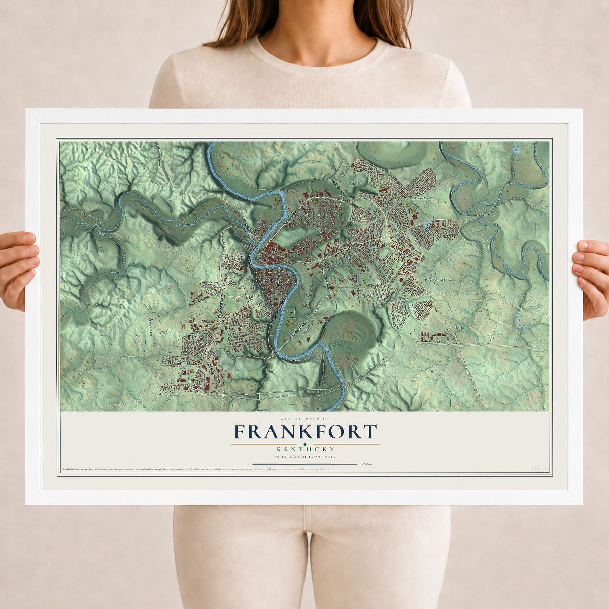 Map of Frankfort, Kentucky, 18 x 24 inch print in a white wood frame