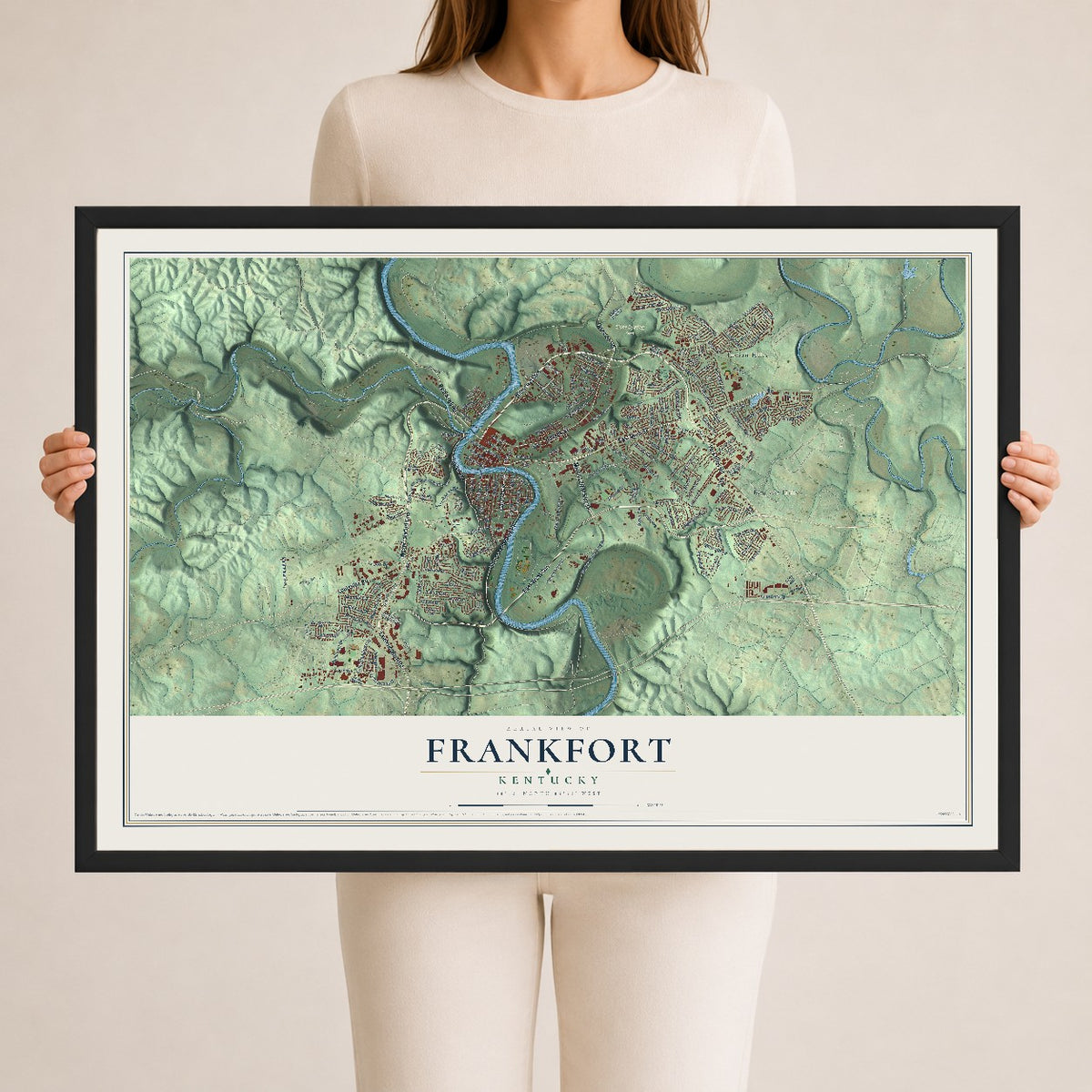 Map of Frankfort, Kentucky, 24 x 36 inch print in a black wood frame