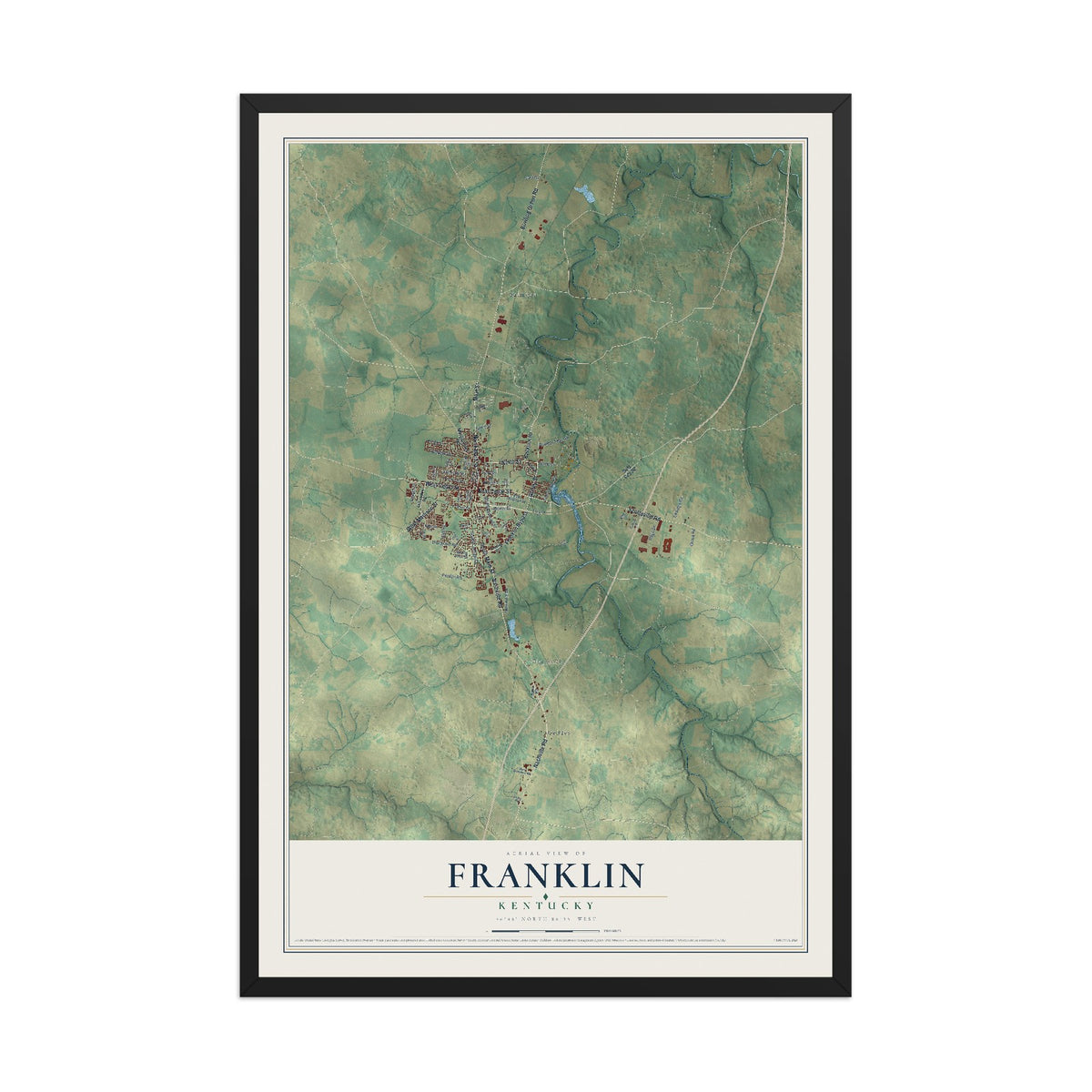Map of Franklin, Kentucky, 12 x 18 inch print in a black wood frame