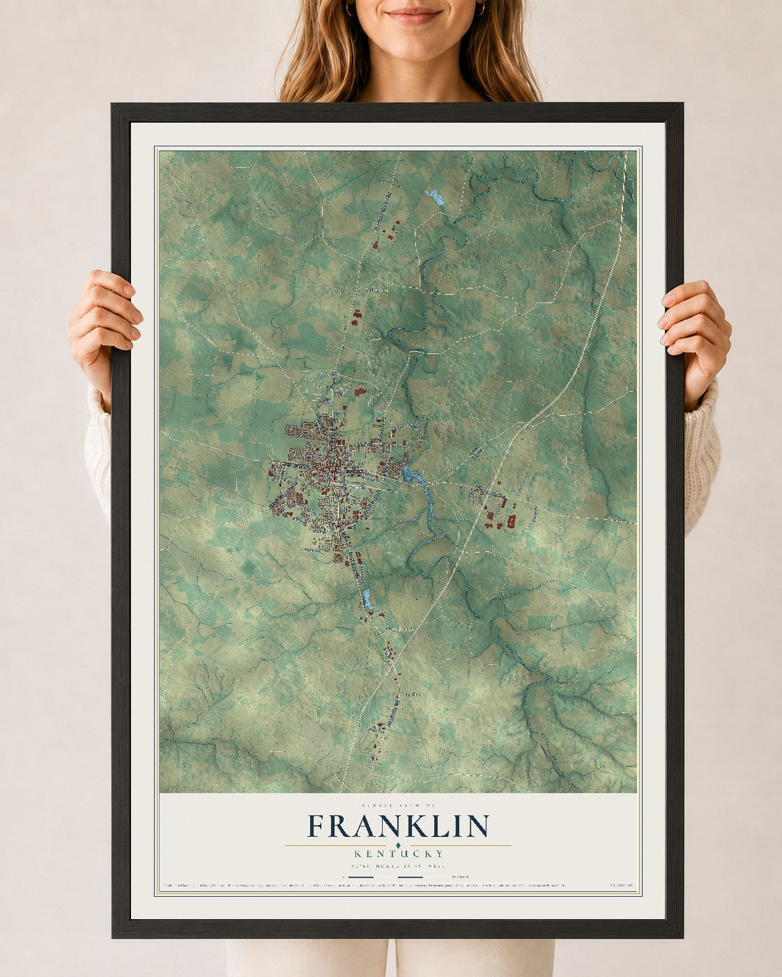 Map of Franklin, Kentucky, 24 x 36 inch print in a black wood frame