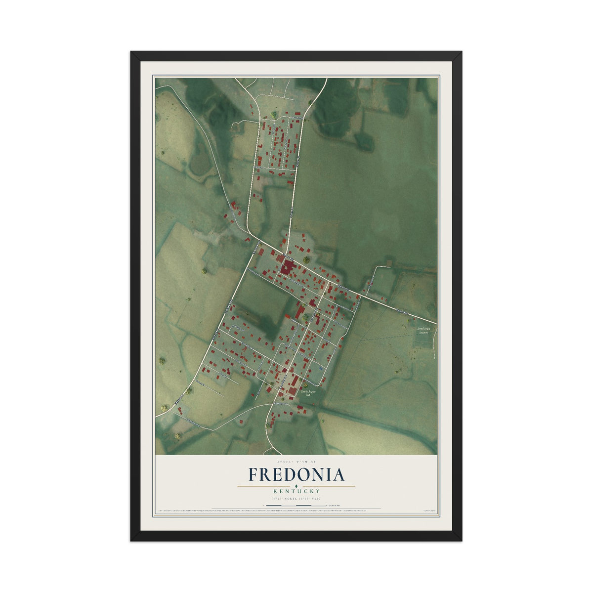 Map of Fredonia, Kentucky, 12 x 18 inch print in a black wood frame
