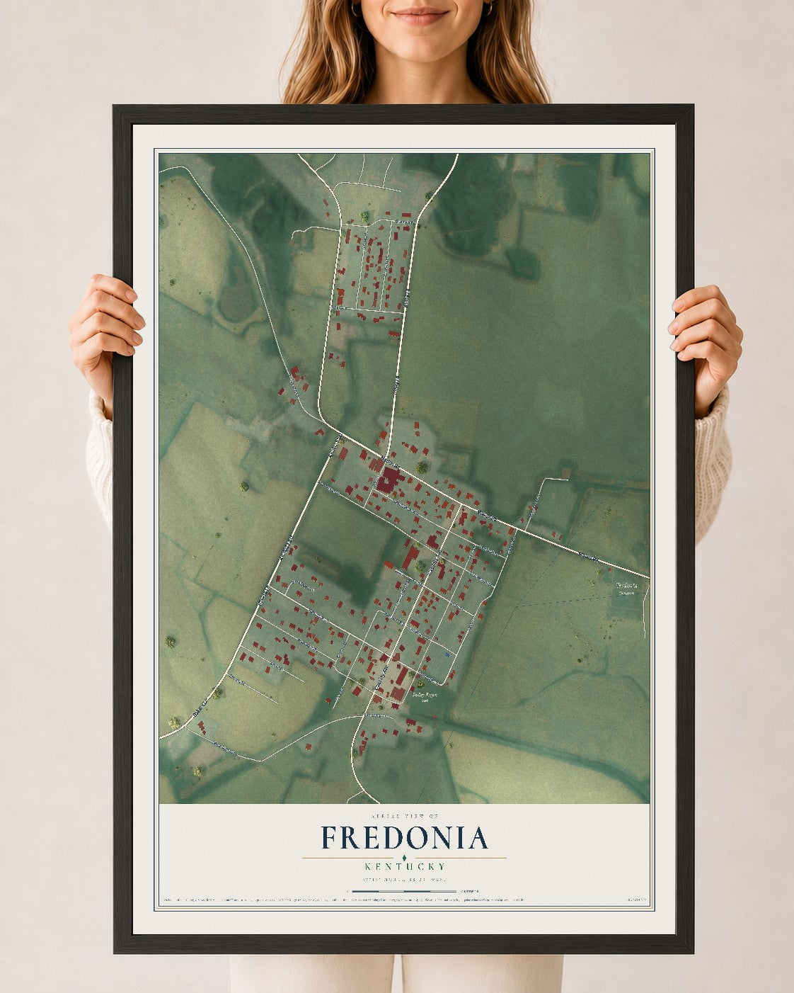 Map of Fredonia, Kentucky, 24 x 36 inch print in a black wood frame
