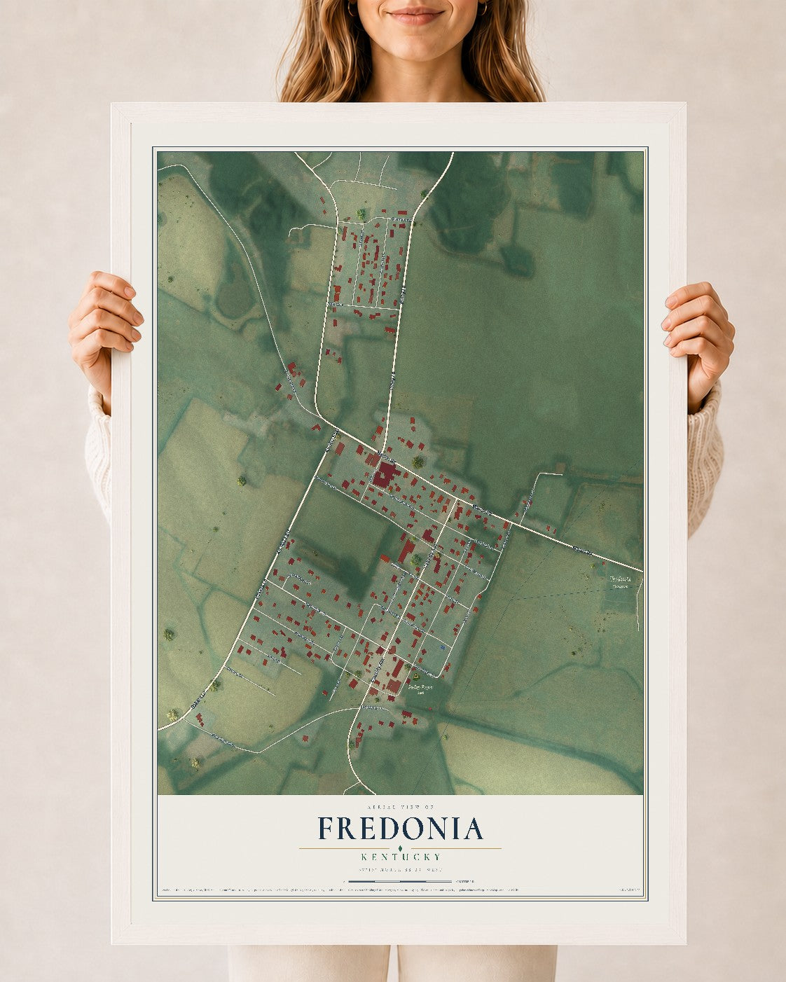Map of Fredonia, Kentucky, 24 x 36 inch print in a white wood frame
