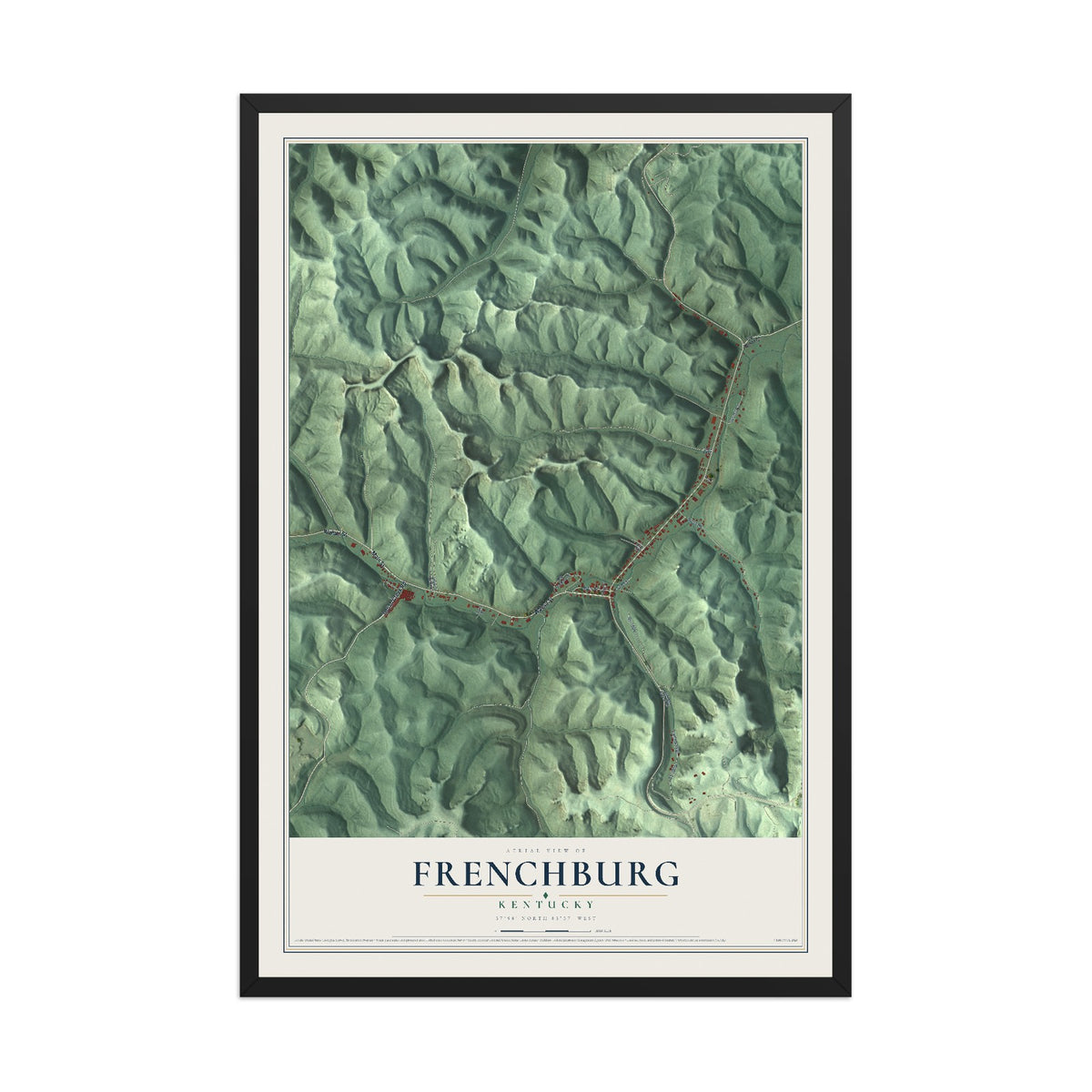 Map of Frenchburg, Kentucky, 12 x 18 inch print in a black wood frame