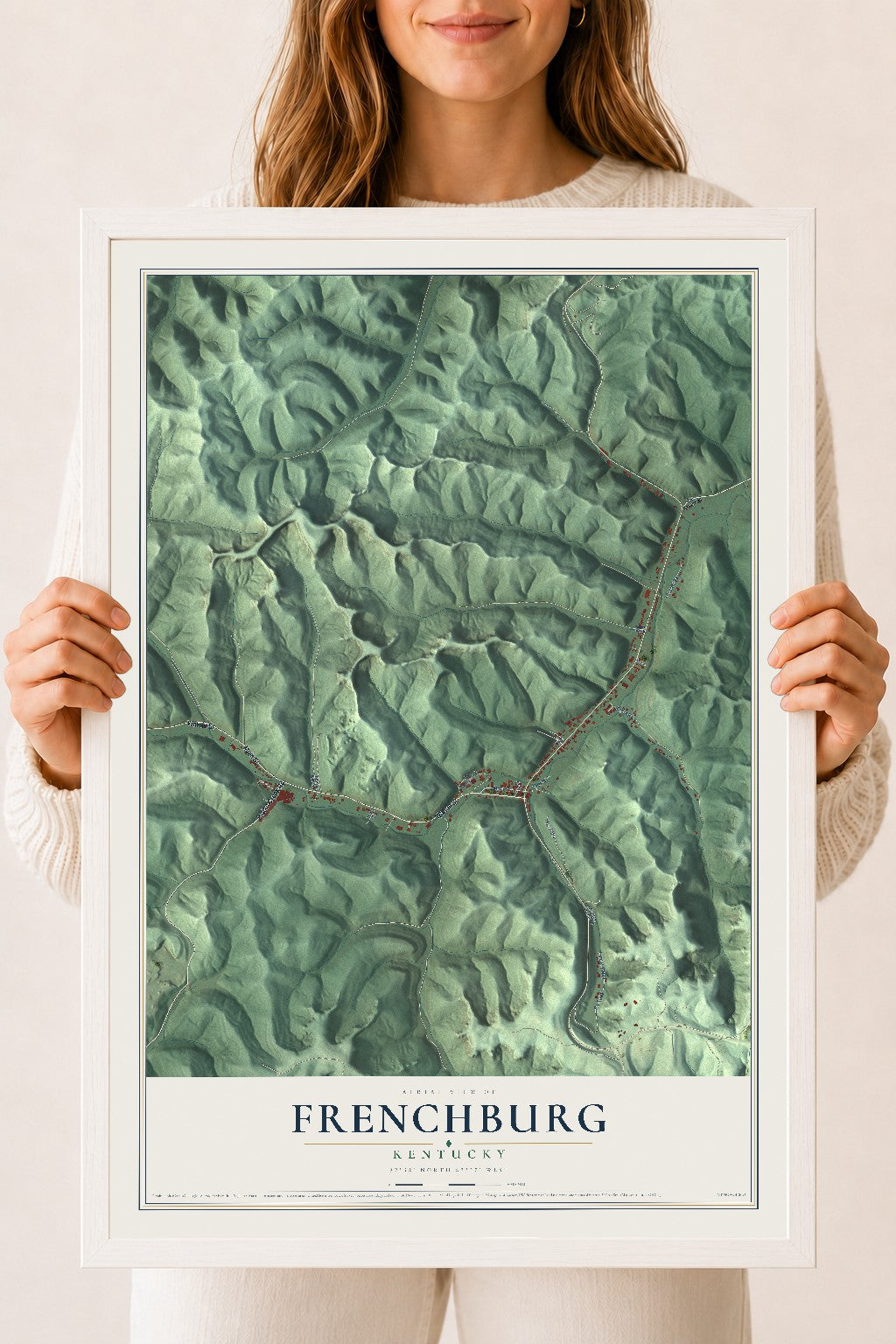 Map of Frenchburg, Kentucky, 18 x 24 inch print in a white wood frame