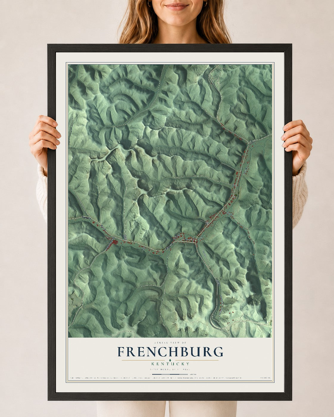 Map of Frenchburg, Kentucky, 24 x 36 inch print in a black wood frame