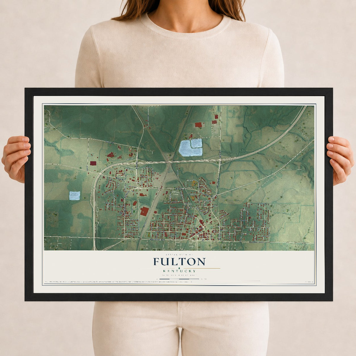 Map of Fulton, Kentucky, 12 x 18 inch print in a black wood frame
